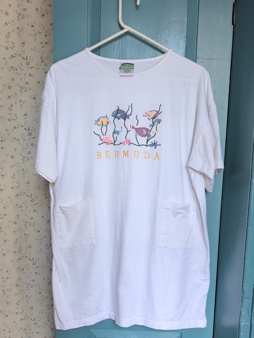 Davisons of Bermuda T-shirt Dress White Graphic Pocket Tropical Fish Cotton OS